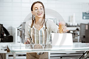 Woman selling ice cream in the shop