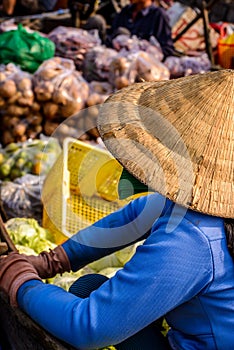 Woman selling vegetables on floating market on boat, Mekong, Vie