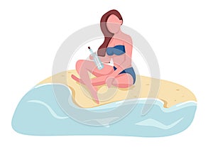 Woman sending message in bottle flat color vector faceless character