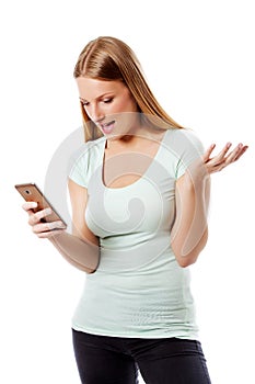 Woman sending a sms on cell phone, isolated on white.