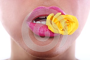 Woman With Sensual Lips Holding Flower in Mouth