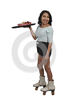 Woman server or waitress on roller skates