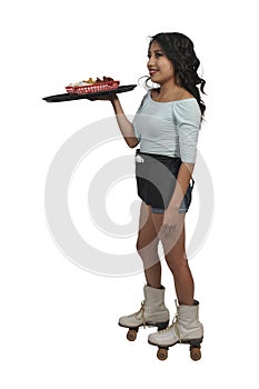 Woman server or waitress on roller skates