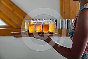 A woman serving holding beer trays