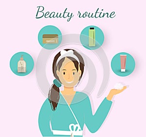 Woman with a set of items for beauty daily routine spa procedures at home, beauty treatment