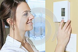 Woman set the thermostat at house