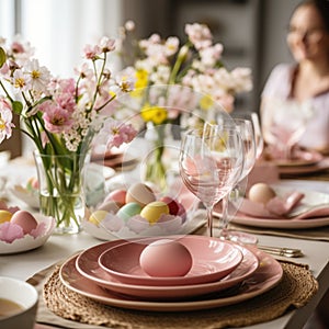 woman setting table for Easter dinner . ai generated