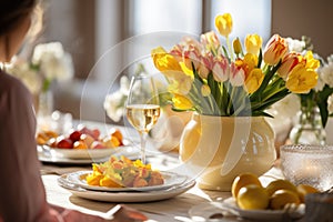 woman setting table for Easter dinner . ai generated