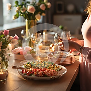woman setting table for Easter dinner . ai generated