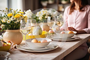 woman setting table for Easter dinner . ai generated