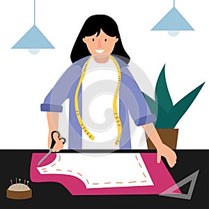 A woman is sewing a dress. A girl makes a pattern for a dress. Illustration for sewing