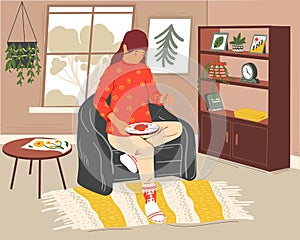Woman sewing. Girl with embroidery, hoop and needle. Young female sitting in armchair. Room interior. Handmade textile