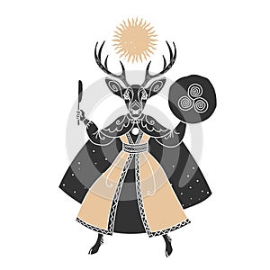 Woman shaman in deer costume. Vector illustration