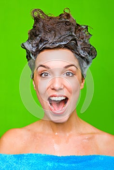 Woman with shampoo in her hair