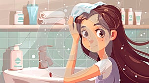 Woman shampooing her hair in the shower of a bathroom for personal hygiene and grooming