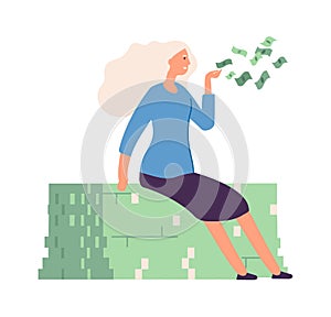 Woman sharing money. Flying cash, rich girl donating. Isolated wealthy businesswoman, job success or financial growth