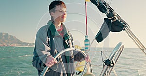 Woman, ship steering wheel and ocean transport with journey, navigation or travel in summer sunshine. Sailor girl, boat