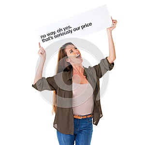 Woman, shock and poster as sale discount in studio for billboard announcement, mockup space or exciting. Female person