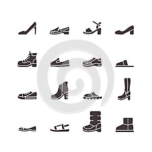 Woman shoe glyph icon set. Boot, sandal, moccasin, slipper, mule sign. Vector illustration