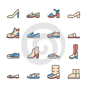 Woman shoe line icon set. Boot, sandal, moccasin, slipper, mule flat sign. Color vector illustration