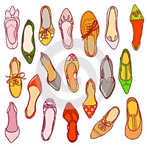 Woman shoes pattern. Vector texture of different footwear