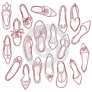 Woman shoes silhouettes pattern. Vector collection of outline footwear
