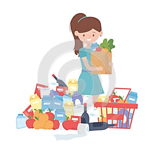 Woman shopping with bag basket and products vector design