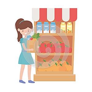 Woman shopping with bag shelf and products vector design