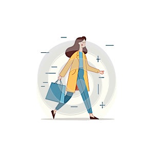A woman with a shopping bag is walking with confidence in a vector illustration