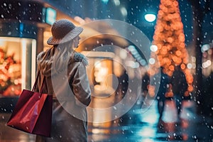 Una mujer compras bolsa camina través de nevado festivo la ciudad árbol de navidad 