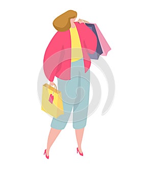 Woman with shopping bags enjoying retail therapy. Fashionable shopper in vibrant clothes, joy of purchase. Shopaholic