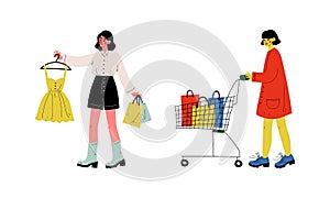 Woman with Shopping Bags Making Purchase in Shopping Mall Vector Set