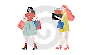 Woman with Shopping Bags Making Purchase in Shopping Mall Vector Set