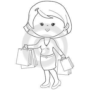 Woman with shopping bags. Shopper with paper bags full of products. Vector black and white coloring page.