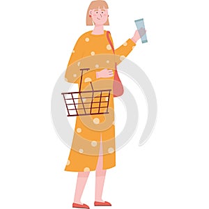 Woman with shopping basket making purchase icon