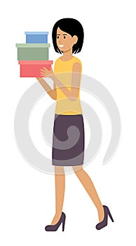 Woman with shopping boxes. Shopaholic