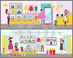 Woman Shopping in Brand Clothes Boutique Vector