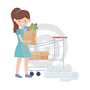 Woman shopping with cart bag and products vector design