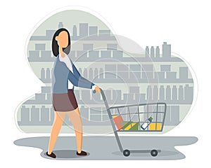 Woman with shopping cart buying food at grocery store. Cute boy walking along shelves with products at supermarket