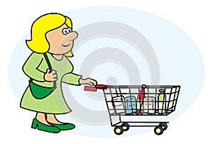 Woman and shopping cart, cartoon, humorous vector illustration, eps.