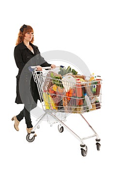 Woman with Shopping cart full dairy grocery
