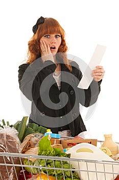 Woman with Shopping cart full dairy grocery