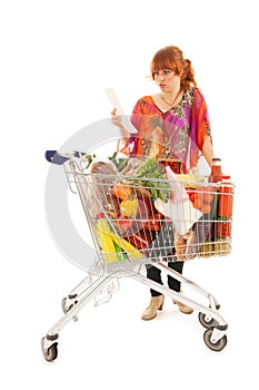 Woman with Shopping cart full dairy grocery