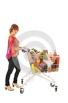 Woman with Shopping cart full dairy grocery