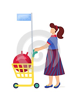 Woman with shopping cart and giant pomegranate, grocery shopping concept, healthy food choice. Fresh fruit buying