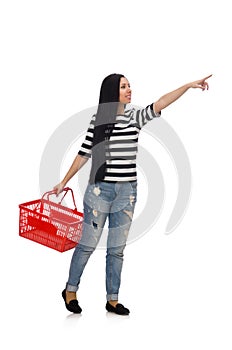 Woman with shopping cart isolated on white