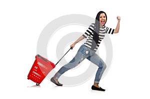 Woman with shopping cart isolated on white