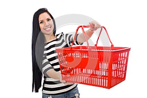 Woman with shopping cart isolated on white