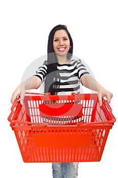 Woman with shopping cart isolated on white