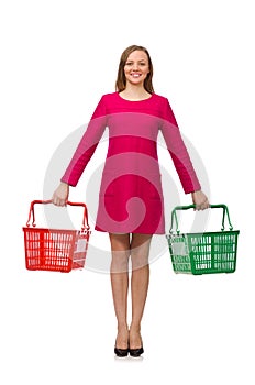 Woman with shopping cart isolated on white